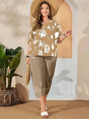 Conjunto Feminino de Camisa com Estampa Floral e Calça Cropped - Ivone. Plus Size