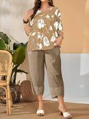 Conjunto Feminino de Camisa com Estampa Floral e Calça Cropped - Ivone. Plus Size