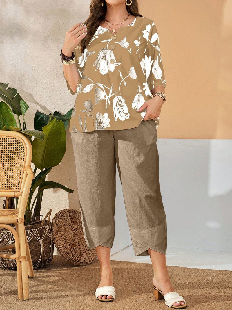 Conjunto Feminino de Camisa com Estampa Floral e Calça Cropped - Ivone. Plus Size