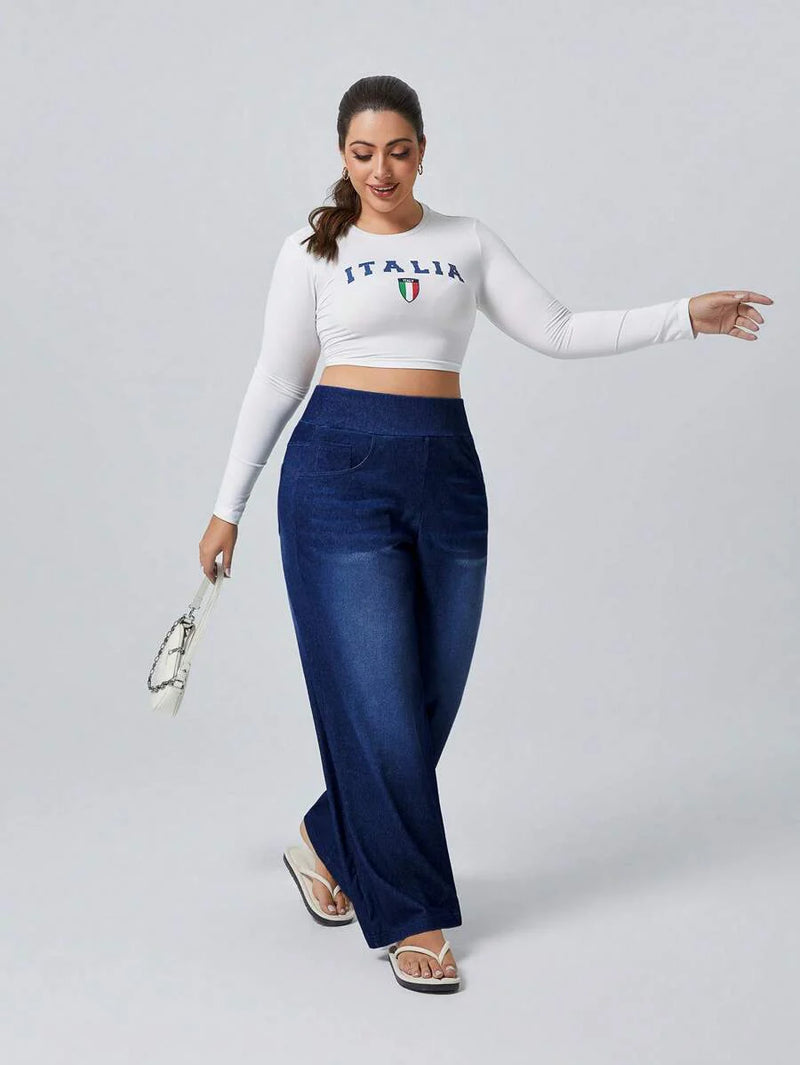 Calça Jeans de Caimento Solto de Malha Elástica - Dona. Plus Size