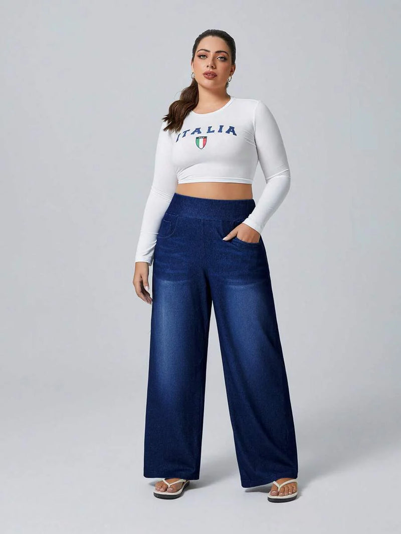 Calça Jeans de Caimento Solto de Malha Elástica - Dona. Plus Size