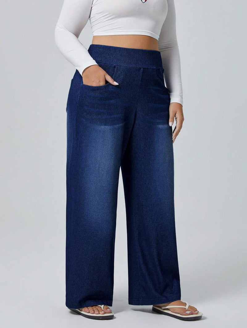 Calça Jeans de Caimento Solto de Malha Elástica - Dona. Plus Size