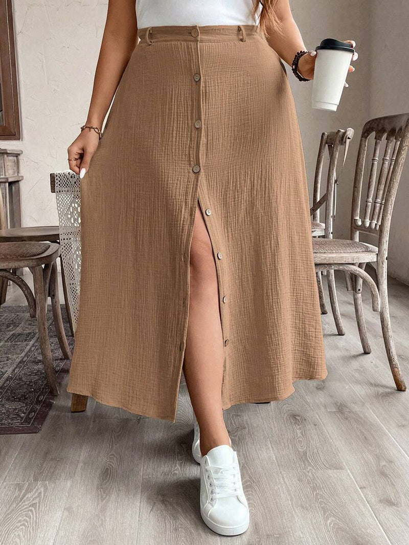 Saia Feminina de Algodão Comprimento Médio com Botões - Rossela. Plus Size