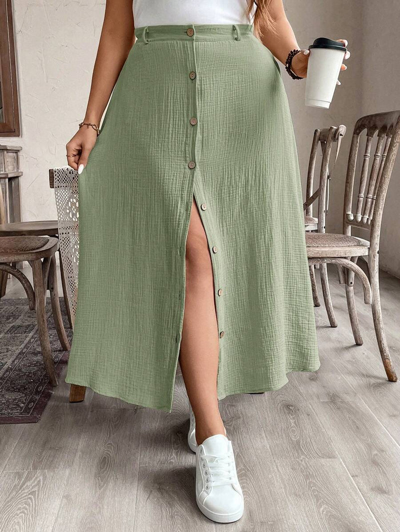 Saia Feminina de Algodão Comprimento Médio com Botões - Rossela. Plus Size