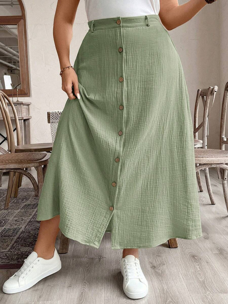 Saia Feminina de Algodão Comprimento Médio com Botões - Rossela. Plus Size
