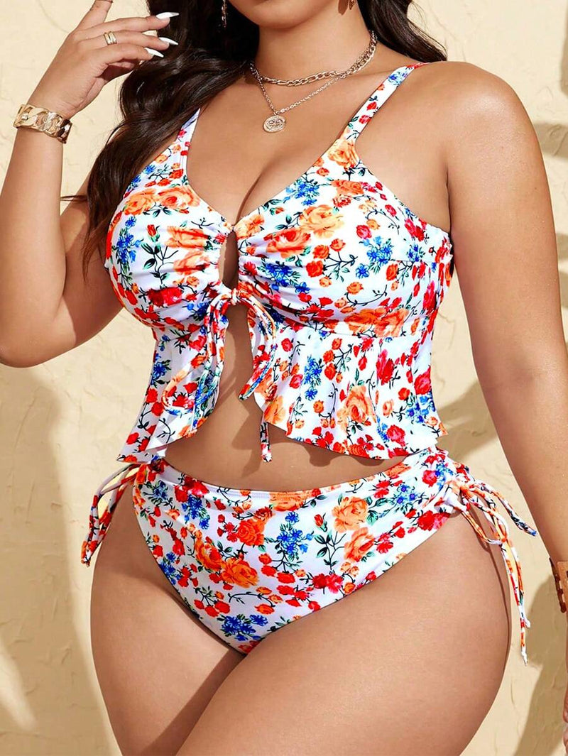 Tankini Feminino com Babado no Busto, Amarração Lateral, Fenda - Carolina. Plus Size