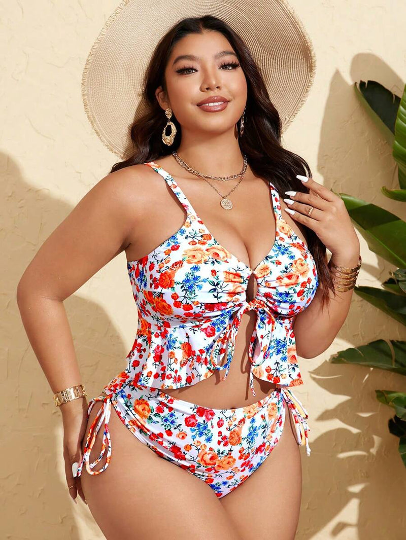 Tankini Feminino com Babado no Busto, Amarração Lateral, Fenda - Carolina. Plus Size