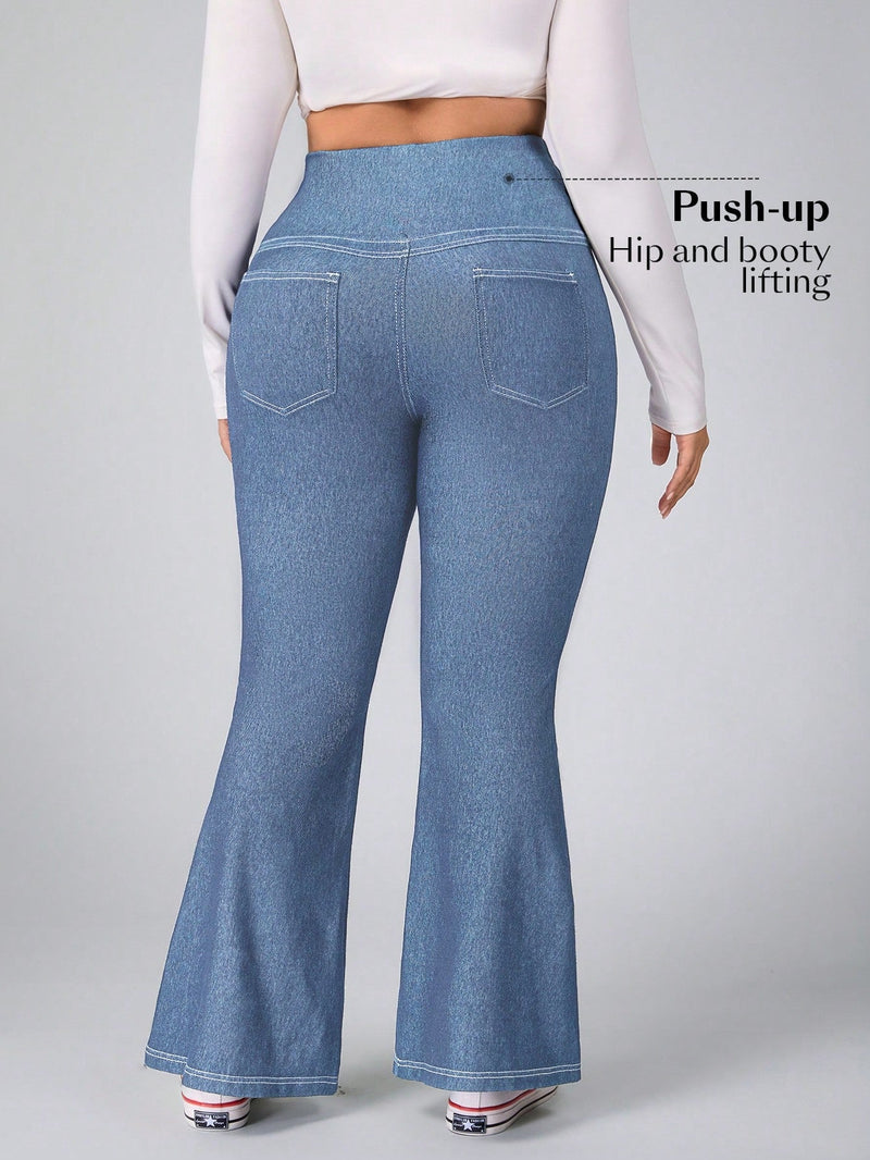 Calça Feminina Jeans Elástica Slim de Perna Larga - Esther. Plus Size