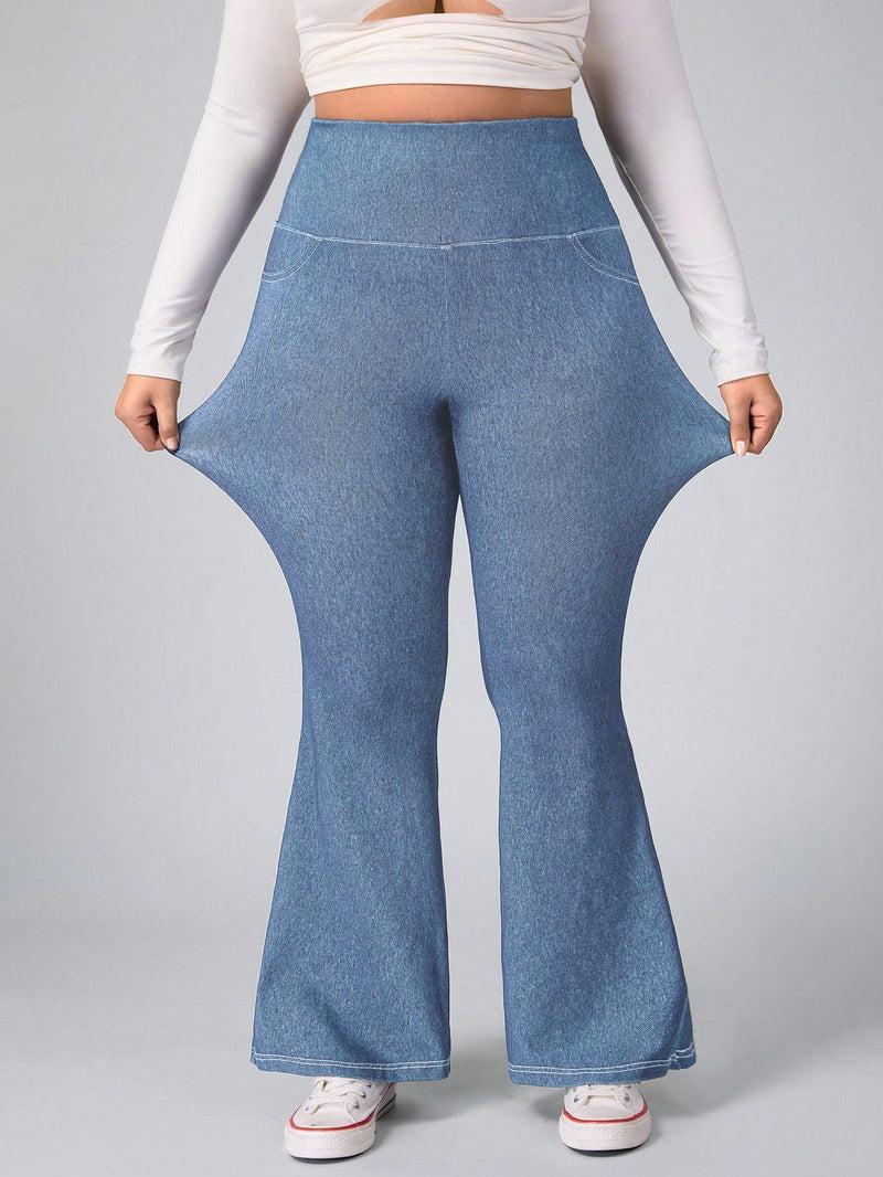 Calça Feminina Jeans Elástica Slim de Perna Larga - Esther. Plus Size