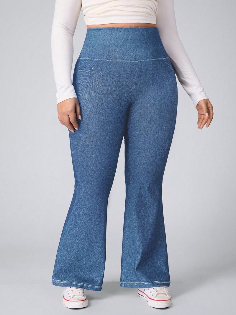 Calça Feminina Jeans Elástica Slim de Perna Larga - Esther. Plus Size