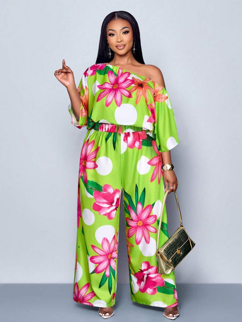 Conjunto Feminino com Decote Assimétrico e Estampa Completa - Monique. Plus Size