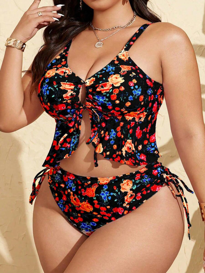 Tankini Feminino com Babado no Busto, Amarração Lateral, Fenda - Carolina. Plus Size