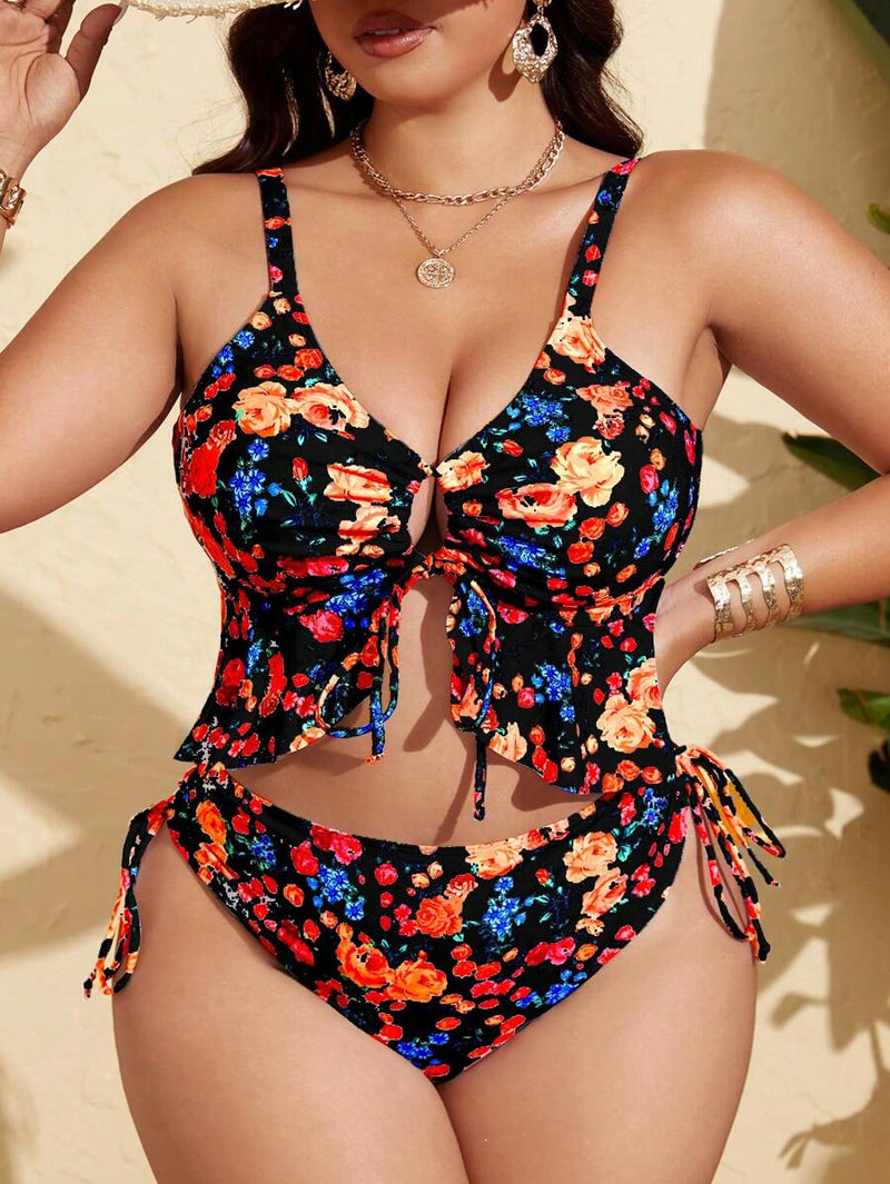 Tankini Feminino com Babado no Busto, Amarração Lateral, Fenda - Carolina. Plus Size