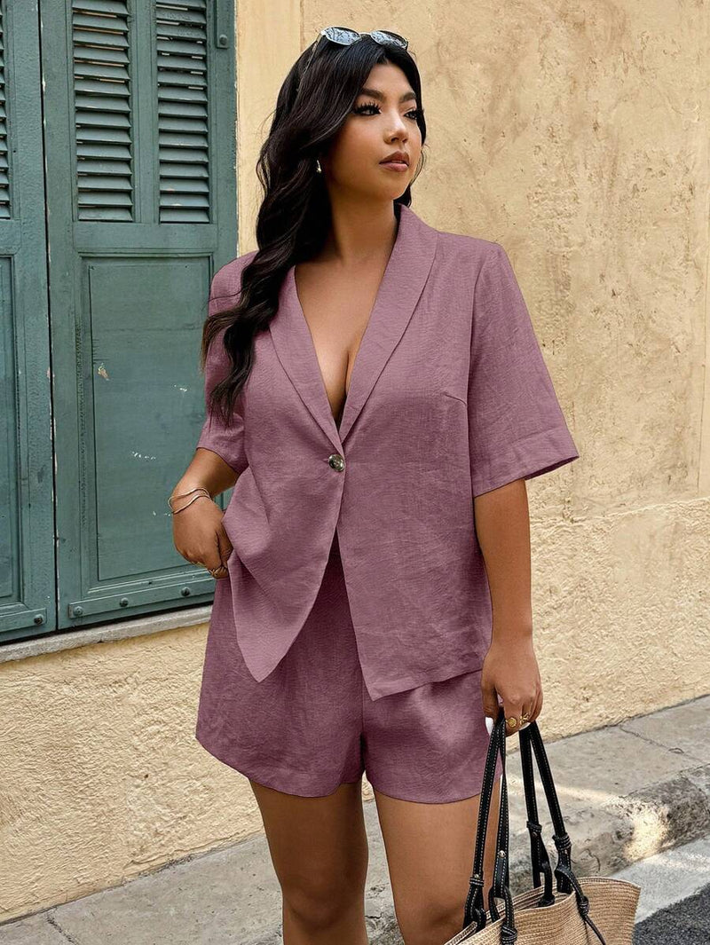 Conjunto 2 peças Feminino com Jaqueta de Gola Xale e Shorts - Mavie. Plus Size