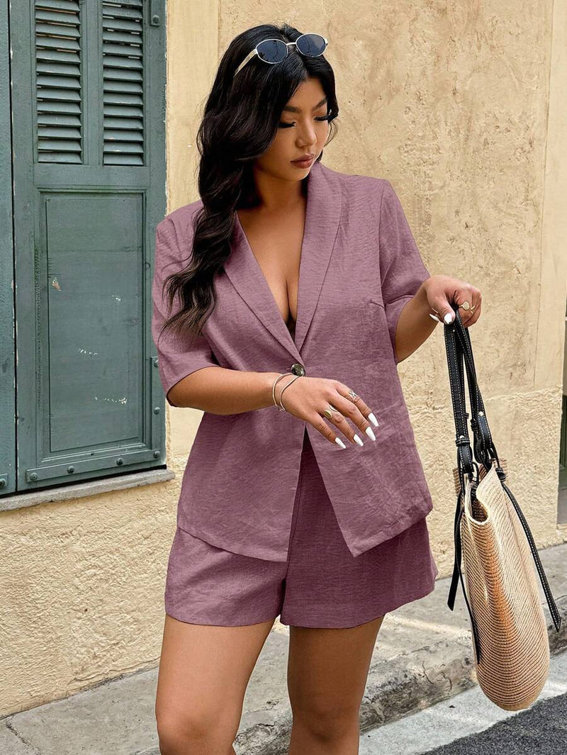 Conjunto 2 peças Feminino com Jaqueta de Gola Xale e Shorts - Mavie. Plus Size