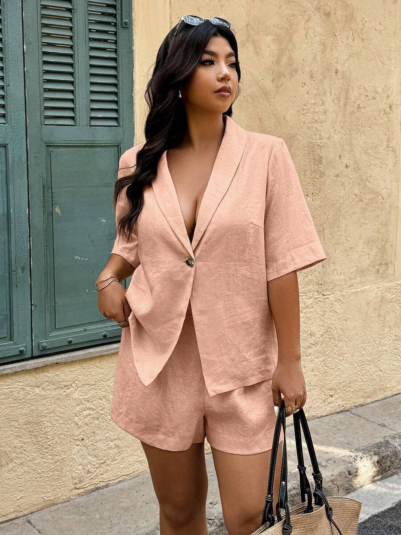 Conjunto 2 peças Feminino com Jaqueta de Gola Xale e Shorts - Mavie. Plus Size