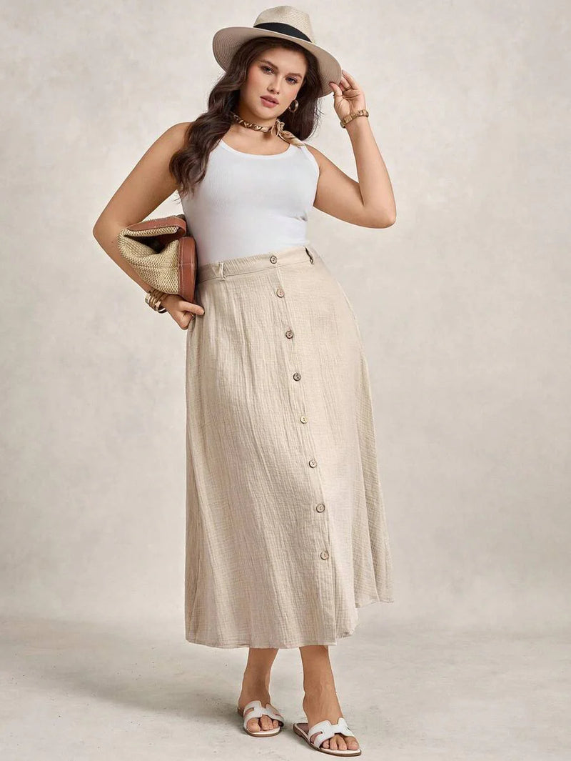 Saia Feminina de Algodão Comprimento Médio com Botões - Rossela. Plus Size