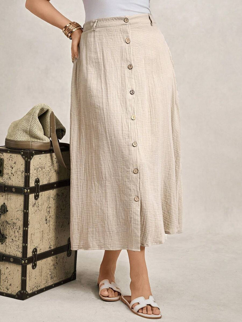 Saia Feminina de Algodão Comprimento Médio com Botões - Rossela. Plus Size