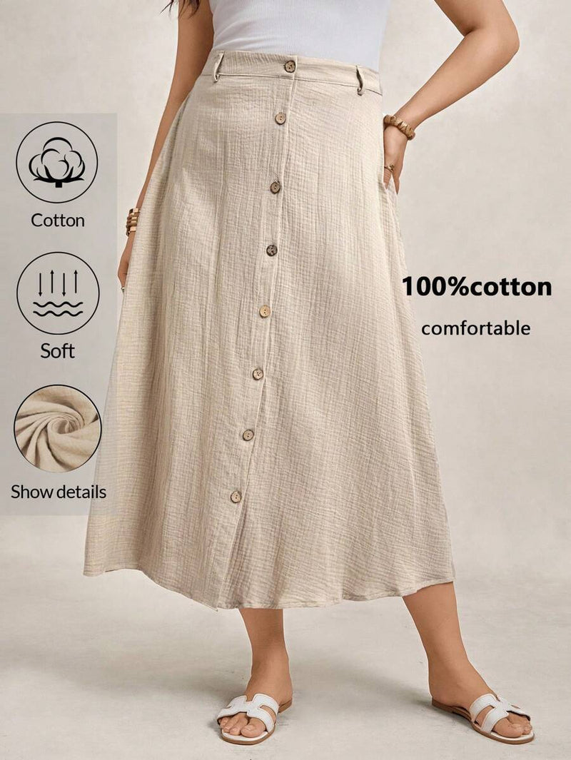 Saia Feminina de Algodão Comprimento Médio com Botões - Rossela. Plus Size