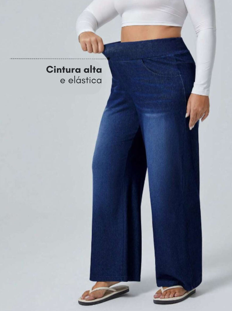 Calça Jeans de Caimento Solto de Malha Elástica - Dona. Plus Size