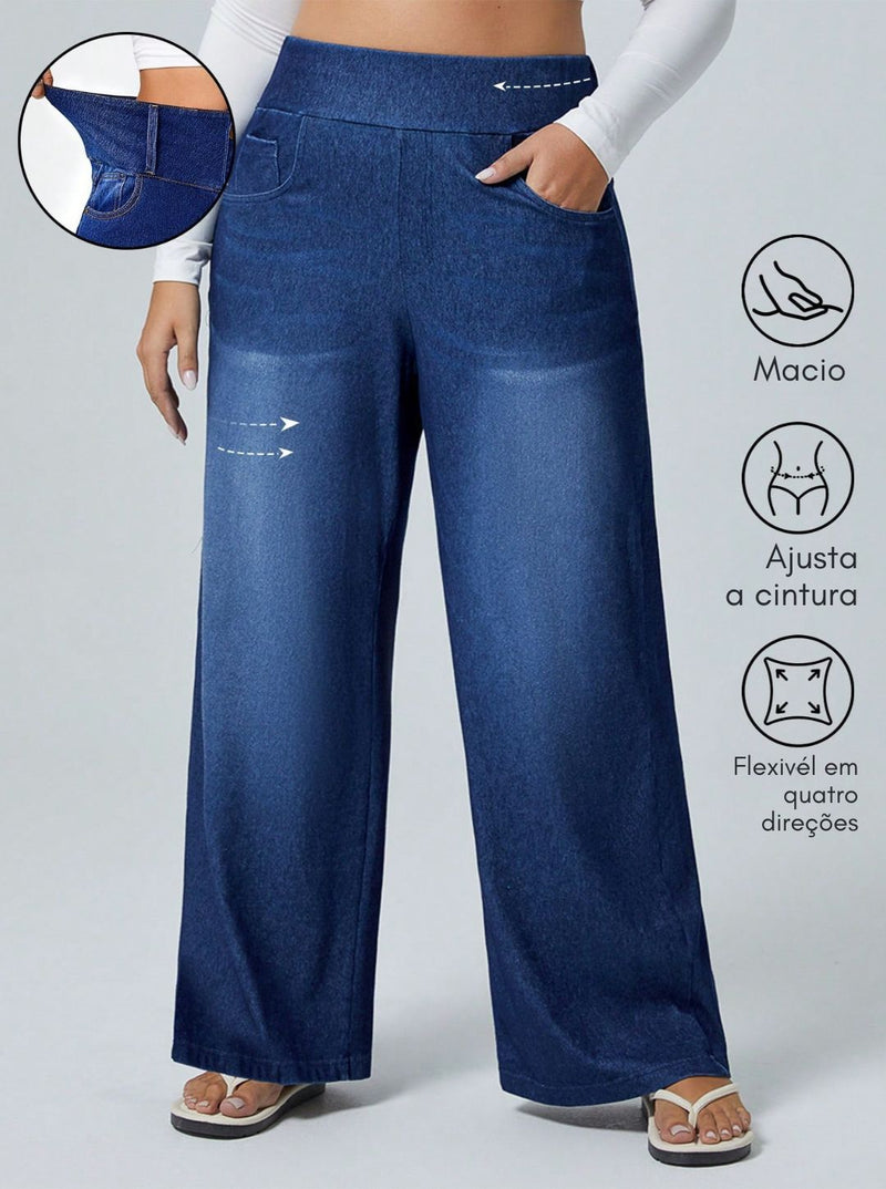 Calça Jeans de Caimento Solto de Malha Elástica - Dona. Plus Size