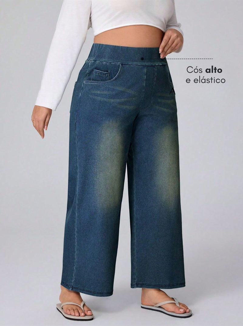 Calça Jeans de Caimento Solto de Malha Elástica - Dona. Plus Size
