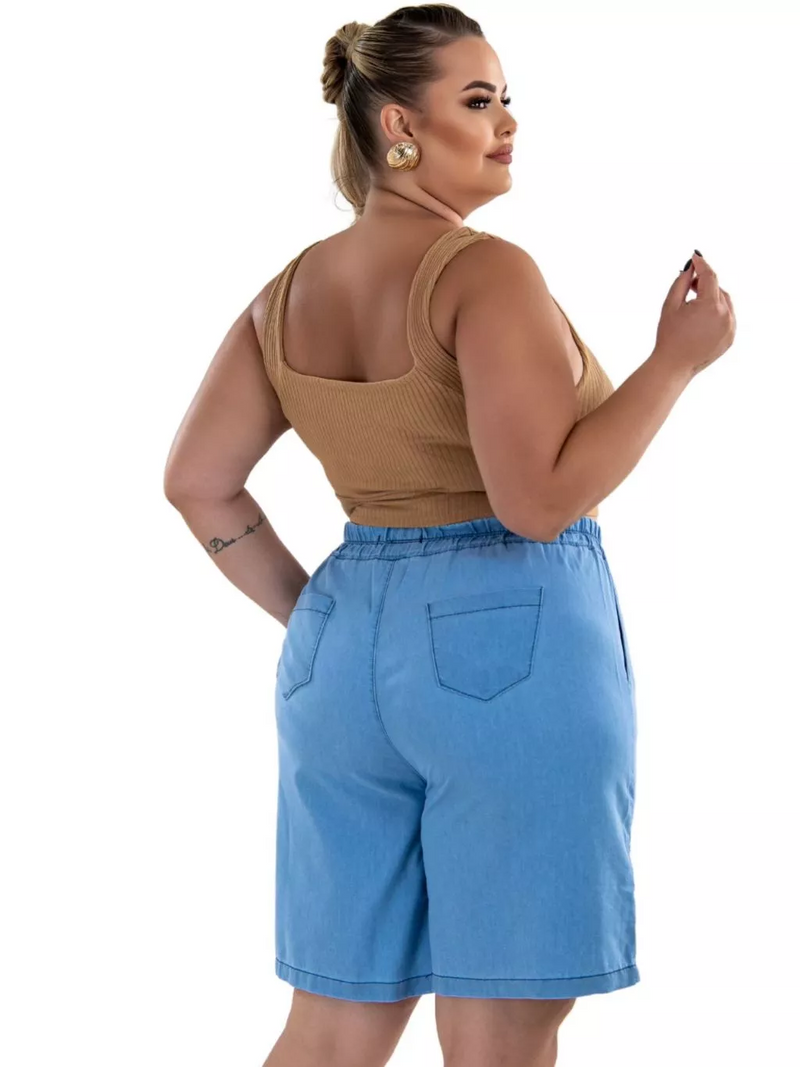 Bermuda jeans Feminina com Elastico e Cós Alto - Isa. Plus Size