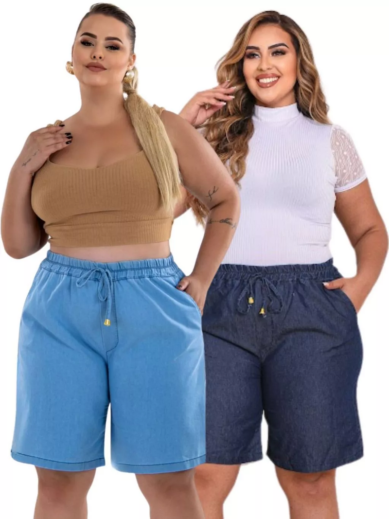 Bermuda jeans Feminina com Elastico e Cós Alto - Isa. Plus Size