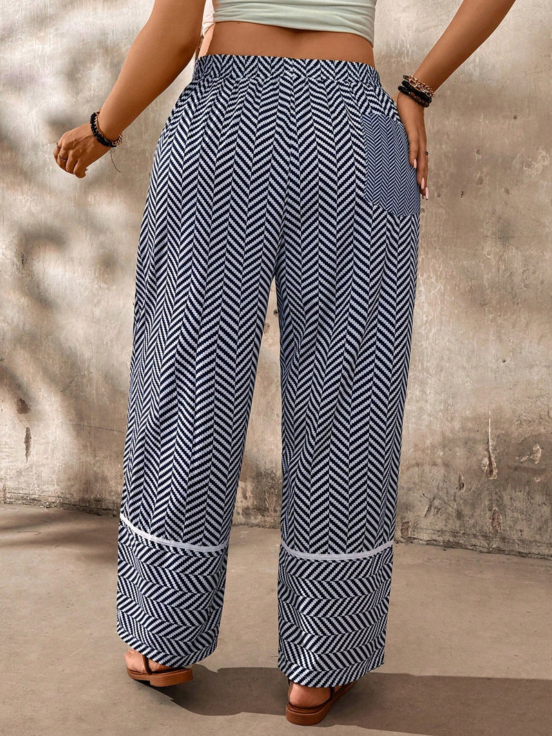 Calça casual feminina larga, estampa espinha de peixe Geane. Plus Size