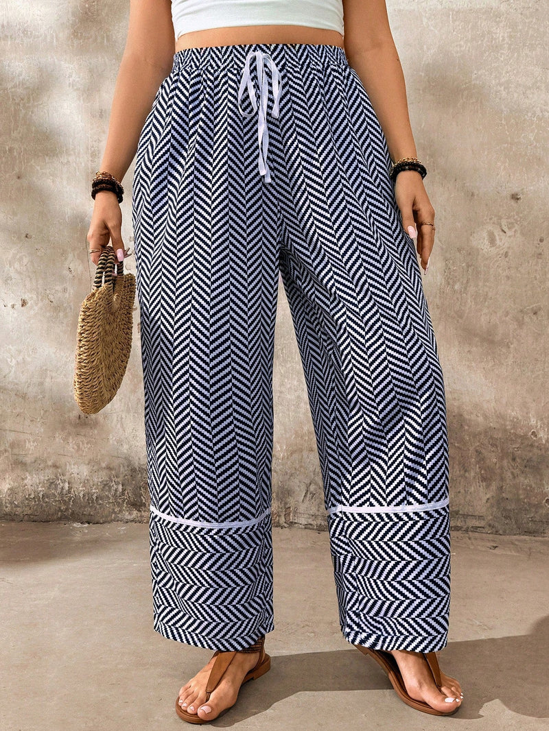 Calça casual feminina larga, estampa espinha de peixe Geane. Plus Size