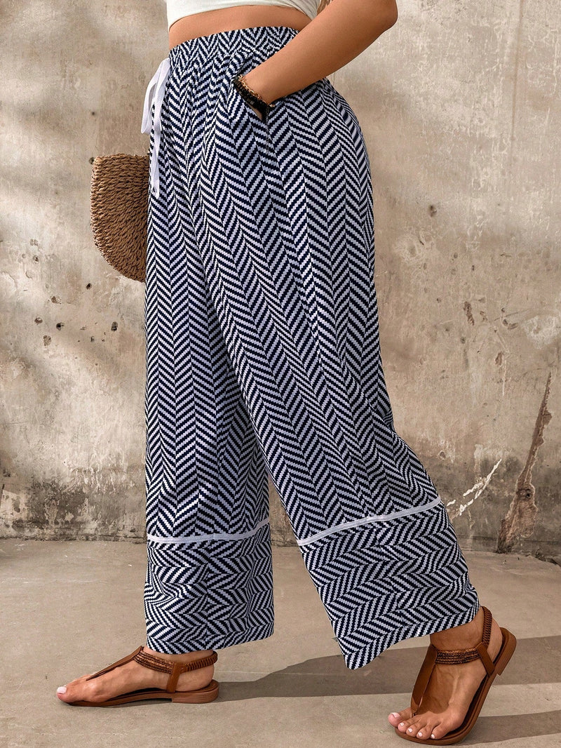 Calça casual feminina larga, estampa espinha de peixe Geane. Plus Size