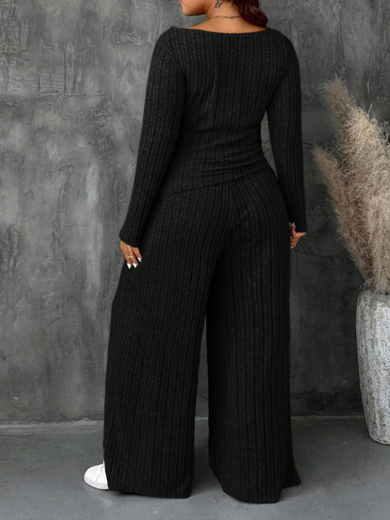 Conjunto Feminino Top Slim   Calça Perna Larga - Franciele. Plus Size