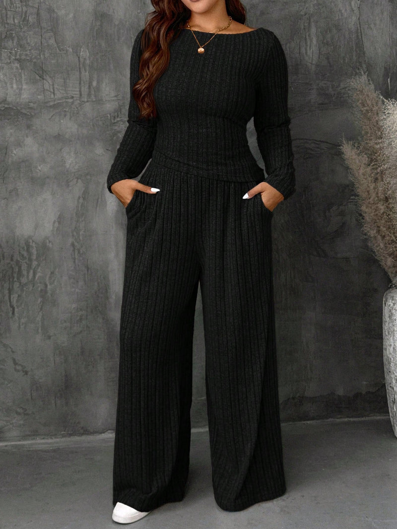 Conjunto Feminino Top Slim   Calça Perna Larga - Franciele. Plus Size