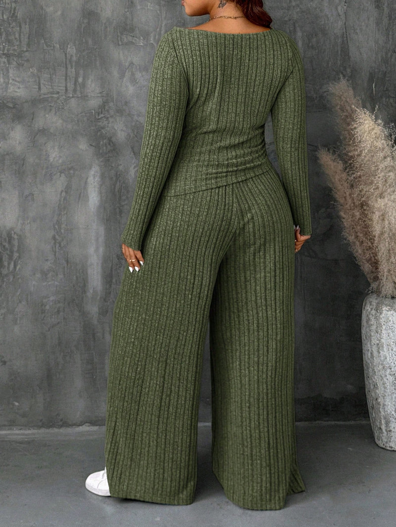 Conjunto Feminino Top Slim   Calça Perna Larga - Franciele. Plus Size