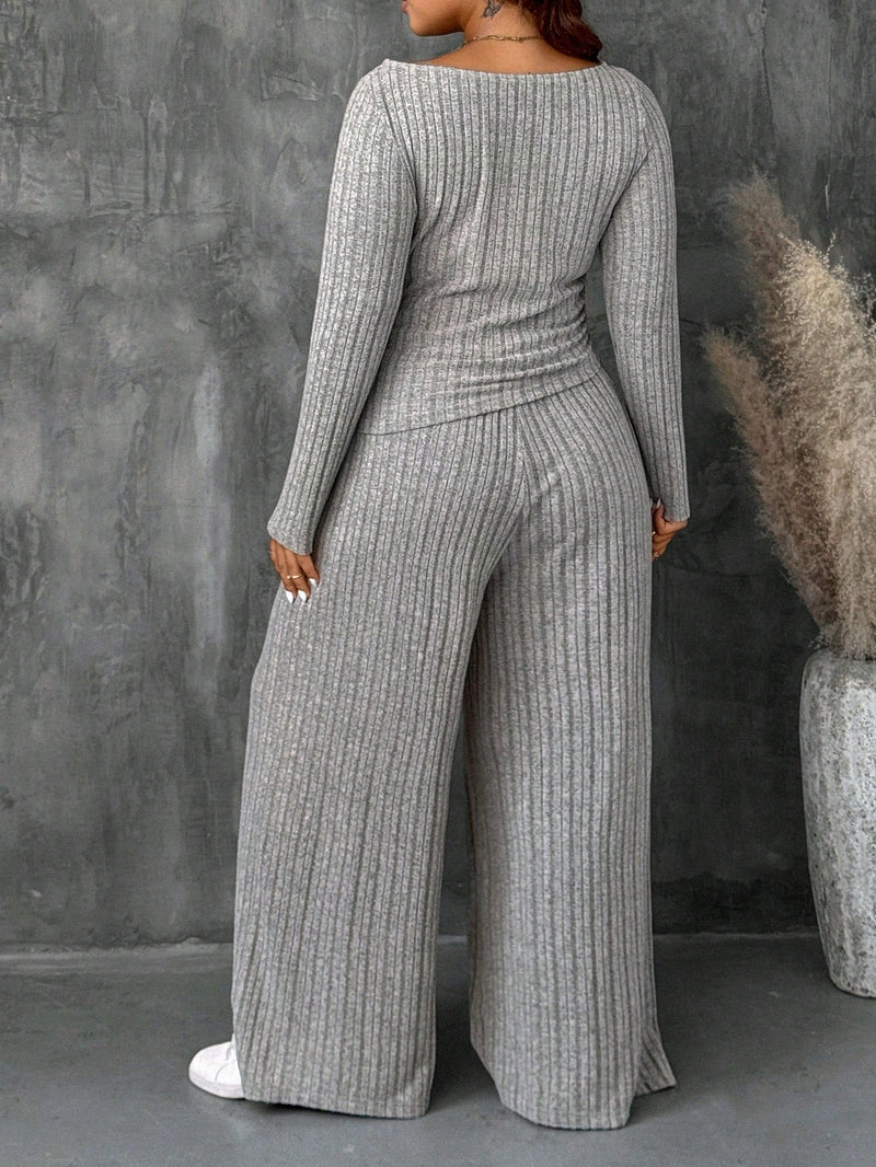 Conjunto Feminino Top Slim   Calça Perna Larga - Franciele. Plus Size