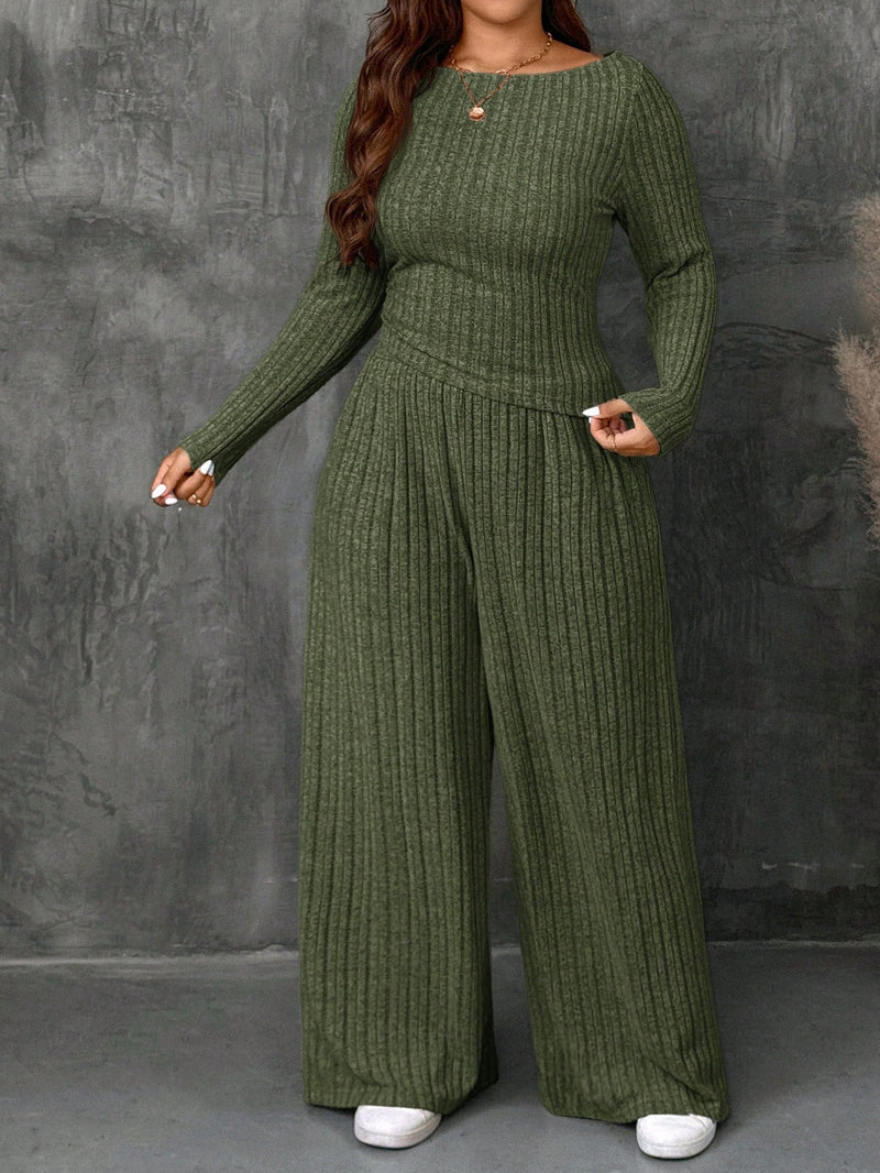 Conjunto Feminino Top Slim   Calça Perna Larga - Franciele. Plus Size