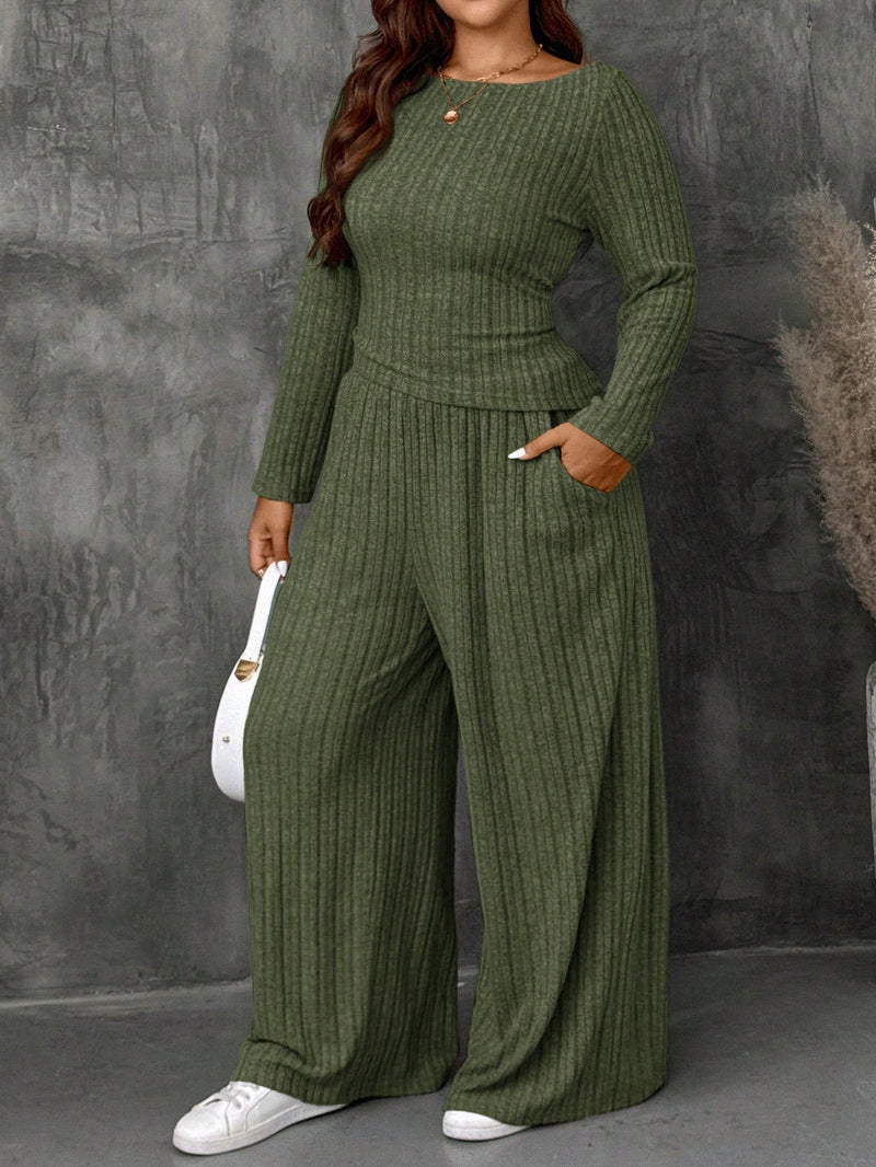 Conjunto Feminino Top Slim   Calça Perna Larga - Franciele. Plus Size