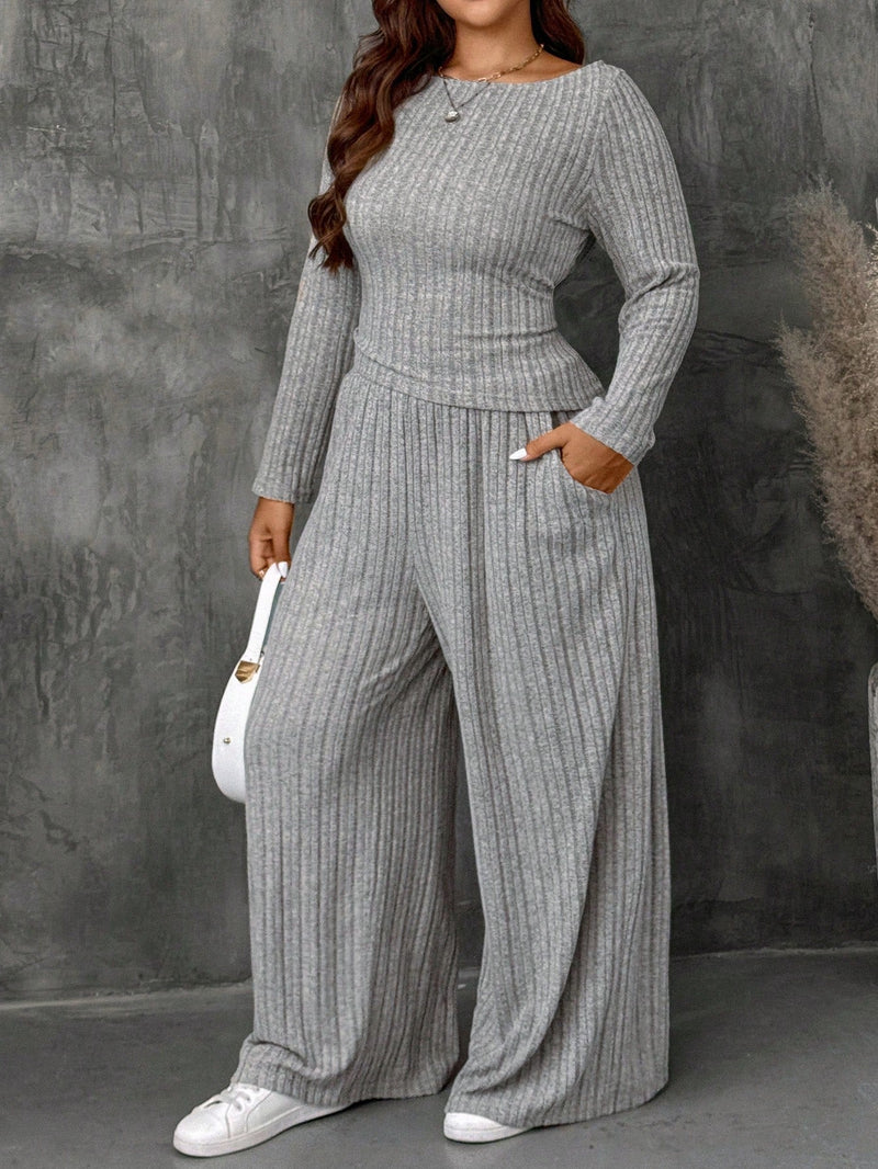 Conjunto Feminino Top Slim   Calça Perna Larga - Franciele. Plus Size