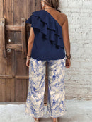 Conjunto Feminino, camisa com Babado no pescoço e calça longa Zilma.  Plus Size