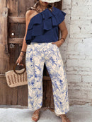 Conjunto Feminino, camisa com Babado no pescoço e calça longa Zilma.  Plus Size