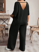 Conjunto Feminino camiseta com manga morcego e calça larga - Karol. Plus Size