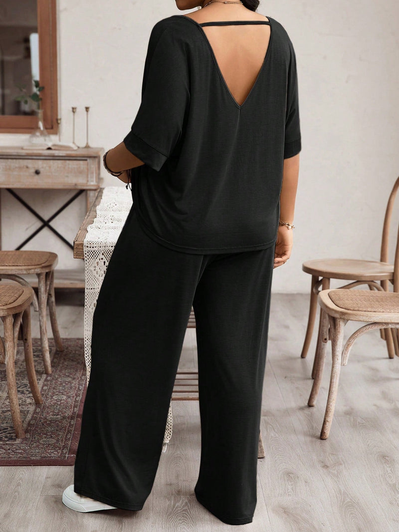 Conjunto Feminino camiseta com manga morcego e calça larga - Karol. Plus Size