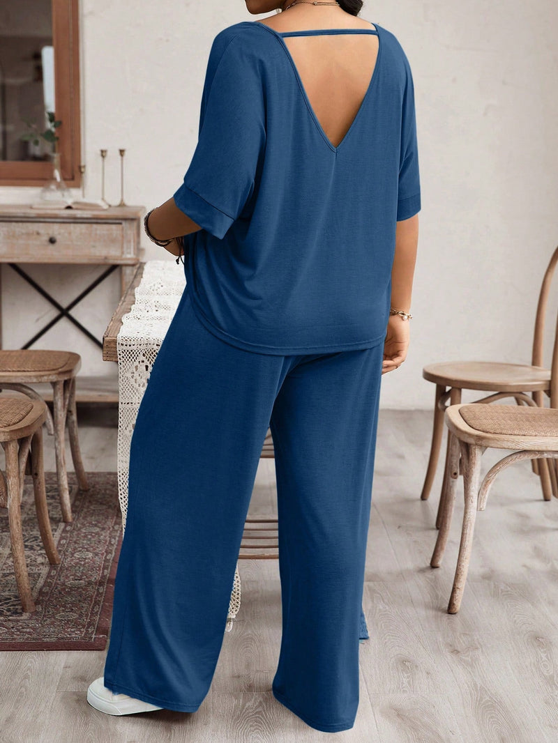 Conjunto Feminino camiseta com manga morcego e calça larga - Karol. Plus Size