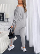 Conjunto Feminino com Decote em V e Detalhes em Barras e Calça Slim Fit - Melissa. Plus Size