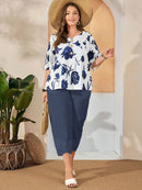 Conjunto Feminino de Camisa com Estampa Floral e Calça Cropped - Ivone. Plus Size