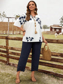 Conjunto Feminino de Camisa com Estampa Floral e Calça Cropped - Ivone. Plus Size