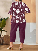 Conjunto Feminino de Camisa com Estampa Floral e Calça Cropped - Ivone. Plus Size
