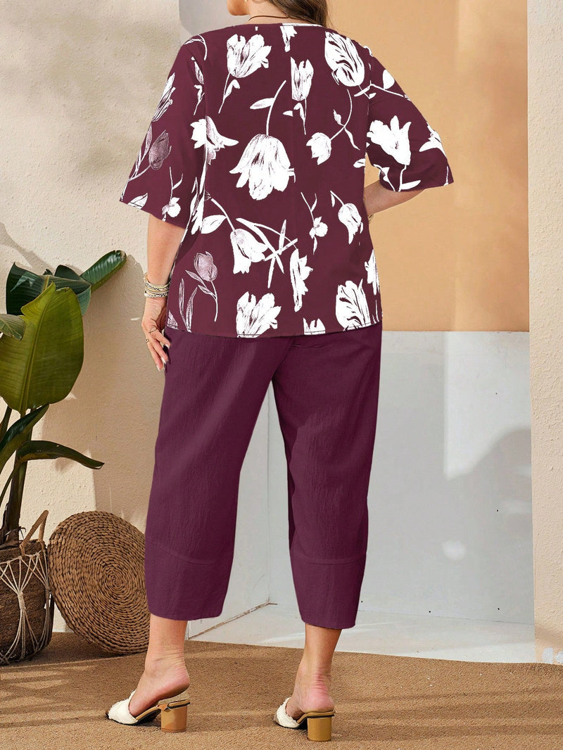 Conjunto Feminino de Camisa com Estampa Floral e Calça Cropped - Ivone. Plus Size