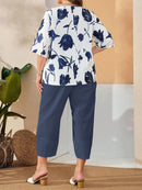 Conjunto Feminino de Camisa com Estampa Floral e Calça Cropped - Ivone. Plus Size