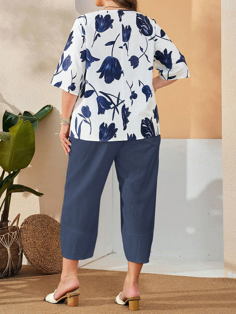 Conjunto Feminino de Camisa com Estampa Floral e Calça Cropped - Ivone. Plus Size